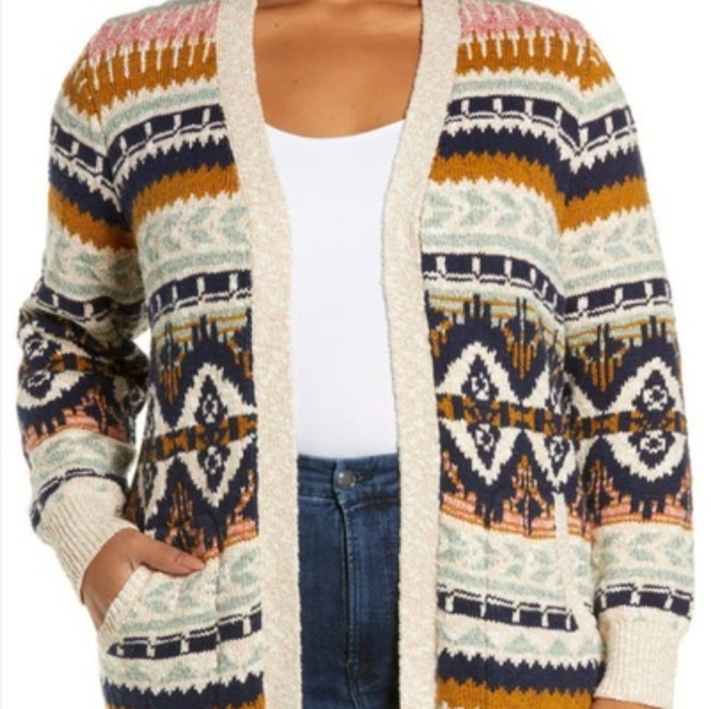L.L.Bean Cotton Ragg Sweater Open Cardigan Sweater Fair Isle Multi color L EUC